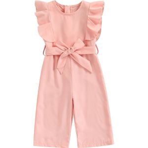 Kids Casual Lange Rompertjes, Effen Kleur Ruches Ronde-Hals Mouwloze Jumpsuit Met Riem Voor Baby Meisjes, 1-6 Jaar, Roze