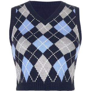 Plaid Gebreide Tank Top Vrouwelijke Trui Vest Engeland Preppy Stijl Korte Leuke Kleding V-hals Casual 90S Crop top Streetwear