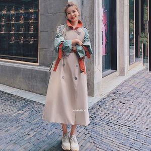 Koreaanse Herfst Mode Kleur Blok Trenchcoat Vrouwen Streetwear Camel Riem Pocket Jas Geul Stofdoek Jas Lente FY135