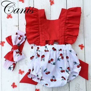 2 Stuks Pasgeboren Baby Meisje Ruches Cherry Print Bodysuits Hoofdband Sunsuit Outfits Zomer Kleding
