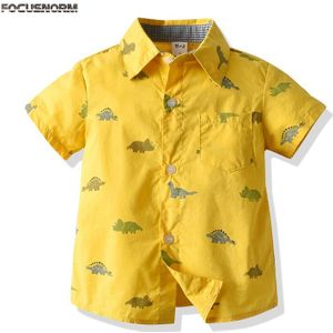 Focusnorm Baby Kids Jongens Shirts Cartoon Print Korte Mouw Enkele Breasted Geel Tops Outfit 2-8Y
