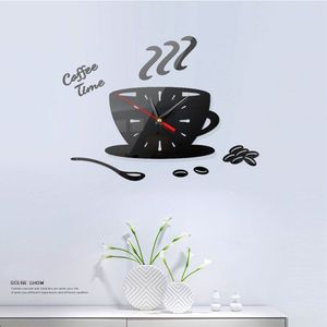 3D Acryl Wandklok Diy Koffie Tijd Klok Moderne Voor Keuken Home Decor Cup Vorm Muursticker Hollow Cijfer Klok
