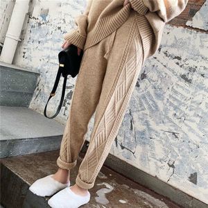 Dikker Vrouwen Harembroek Toevallige Trekkoord Twisted Gebreide Broek Femme Chic Warm Vrouwelijke Trui Broek Winter