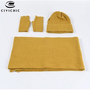 Civichic Vrouwen Lente Herfst Winter Muts Sjaal Handschoenen 3 Pcs Warm Set Effen Skullies Mutsen Casual Hoofddeksels Chic Shawl SH141