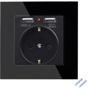 86*86mm Glass Panel EU Stopcontact met 2.1A 2 USB Poorten Opladen, 16A 2100mA Elektrische Stopcontact