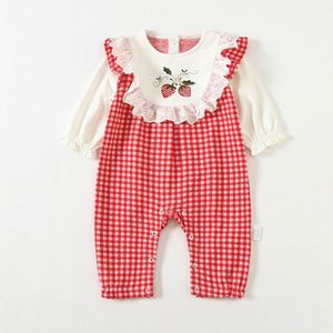 Herfst Baby Meisje Romper Rood Betaald Bandjes Lange Mouwen Overalls Katoen Kerst Romper Baby Kleding 0-2Y E9725