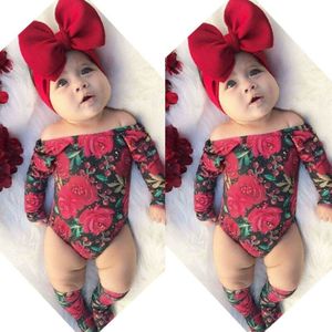 Pasgeboren Kind Baby Meisje Bloemen Kleding Set Off Shoulder Romper Lange Mouw Jumpsuit Sokken Hoofdband Outfit