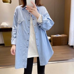 Superaen Lente Streep Splicing Medium Lengte Denim Shirts Losse Casual Vest Blouse Vrouwen