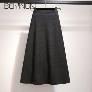 Beiyingni Herfst Gebreide Hoge Taille Rok Vrouwen Grote Maat Vintage Office Lady Faldas Casual Eenvoudige A-lijn Rokken Saia Midi Warm