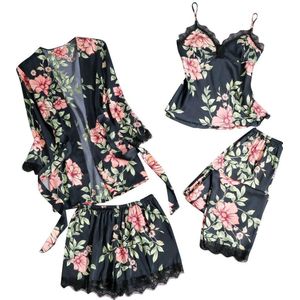 Vrouwen Sexy Nachtkleding Bloemenprint Draadloze Pyjama Kant Nachtjapon Zijde Glad Randloze Pyjama Set Abito Da Notte Nighty Anzug #2