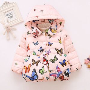 Winter Kinderkleding Katoenen Kleding Europese En Amerikaanse Meisjes Vlinder Print Hooded Kinderen Button Leuke Jas