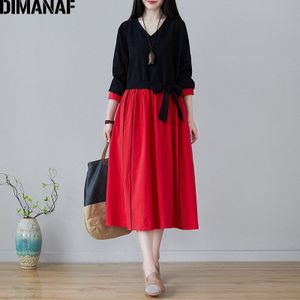 Dimanaf Plus Size Vrouwen Jurk Lange Mouwen Vintage Lady Vestidos Katoen Linnen Losse A-lijn Jurk Herfst Winter Met Riem