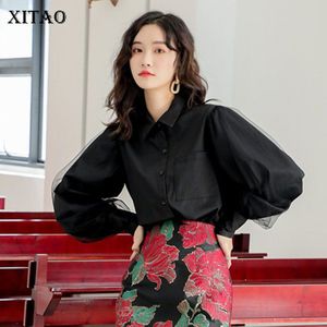 Xitao Mesh Patchwork Blouse Vrouwen Losse Mode Lantaarn Mouwen Turn Down Kraag Herfst Zwart Shirt Godin ZP2912