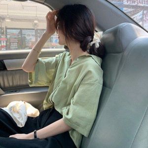 Vrouwen Blouses Korte Mouwen Zomer Turn-Down Kraag Vintage Losse Koreaanse Stijl Streetwear Solid Office Dames Alle-Match meisjes