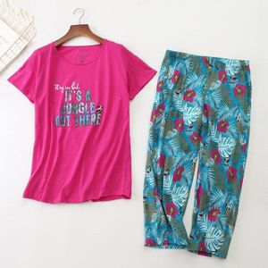 Koreaanse Zomer Vrouwen Pyjama Katoen Leuke Print Pyjama Set Top + Capri Elastische Taille Plus Size 3XL Lounge pijamas S95610