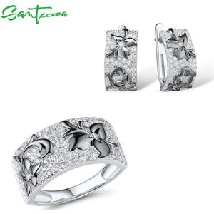 Santuzza Sieraden Set Voor Vrouwen Pure 925 Sterling Zilver Fonkelende Witte Zirconia Oorbellen Ring Set Dagelijkse Slijtage Fijne Sieraden