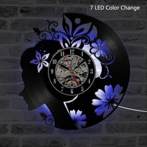 Bloem Meisje Vinyl Record Wandklok Led Verlichting Muur Art Decor Vintage Retro 3D Klokken Muur Horloge Home Decor Verjaardag