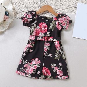 Humor Beer Meisjes Bloemen Shorts Speelpakjes 2022 Zomer Korte Bladerdeeg Mouw Riem Decor Jumpsuits Kids Korte Broek Overalls