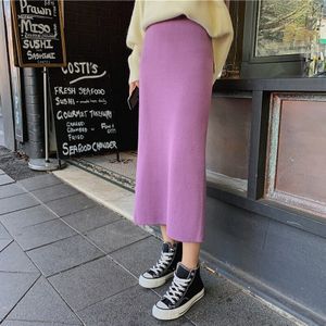 Kleurrijke Vrouwen Gebreide Rok Elastische Taille Vrouwelijke Trui Rokken A-lijn Split Lady Rok Herfst Winter Midi Rokken Femme