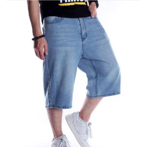 Mens Plus Size Losse Baggy Denim Korte Jeans Streetwear Hip Hop Lange 3/4 Capri Cargo Shorts Pocket Mannelijke blauw