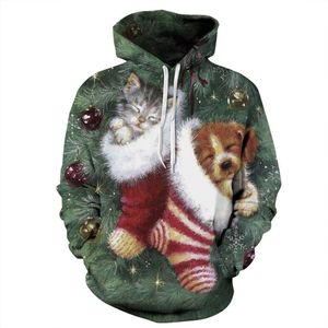 Vrouwen/Mannen Hoodie Sweatshirts Kerst Hoodies Vrouwen Kat Hond 3D Print Lange Mouwen Sportwear Hooded Truien Streetwear Trui