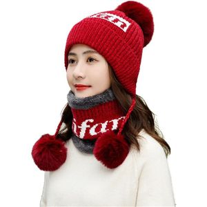 Twee grote Pompon Opknoping Ornament Womens Muts Sjaal Siamese Kraag Meisjes Leuke Winter Slouchy Knit Skull Cap Gorros Mujer Invierno