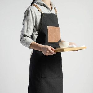 Verstelbare Pu Leer Canvas Schort Koffie Kapper Bib Koken Keuken Schorten Voor Vrouw Man Chef Werkt Handgemaakte Overalls