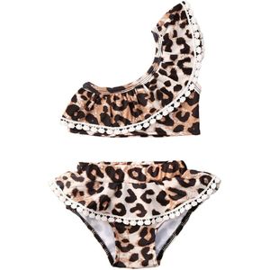 Leopard Een Stuk Badpak Baby Kid Meisjes Off Shoulder Bikini Sets Ruches Volants Zoom Badmode Beachwear Outfits 0-5Y