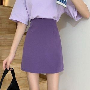Rokken Vrouwen Solid A-lijn Office Dames Sexy Koreaanse Stijl Eenvoudige Dagelijkse Mode Hoge Taille Chic Zomer Paars Wrap Hip rok