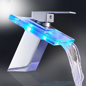 Led Wastafel Kraan Messing Waterval Temperatuur Kleuren Veranderen Badkamer Mengkraan Badrandcombinaties Sink Glas Kranen