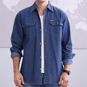 Heren Blue Denim Shirt Met Borst Flap Zakken Lange Mouwen Casual Jean Shirts Voor Mannen Cowboy Shirt