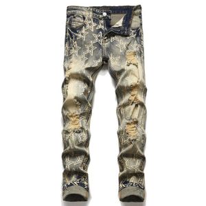Grafische Jean Ster Mannen Jean Skinny Motorfiets Pant Ripped Panty Jean Mannen Amerika High Street Mannen Blauw Gat Gestapeld jean