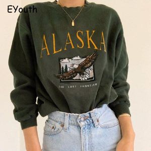 Casual Women Capuchon Brief Afdrukken O-hals Lange Mouw Sweatshirts Vintage Groene Losse Sweater High Street Hoodies