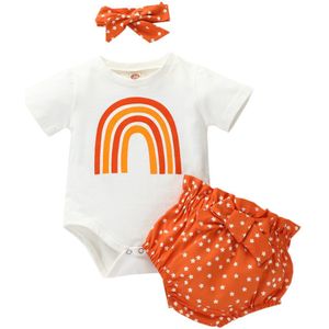 Pasgeboren Baby Zomer Outfit Meisjes Korte Mouw Ronde Hals Rainbow Print Romper + Luipaard Shorts En Hoofdband Set