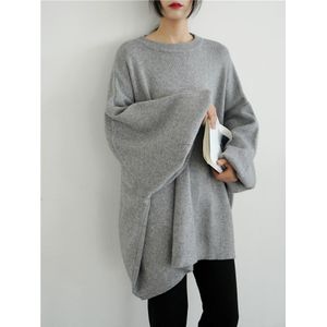 [Eam] Oversized Grijs Breien Trui Loose Fit Ronde Hals Lange Mouw Vrouwen Truien Mode Herfst Winter 1Y190