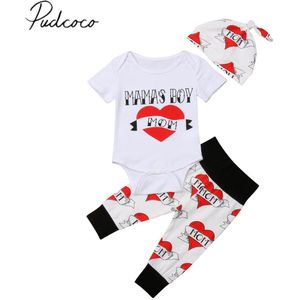 Brand Pasgeboren Baby Baby Jongens Love Mom Outfit Kleding 3 stks Sets Korte Mouw Brief Romper Jumpsuit Tops + broek + Hoed