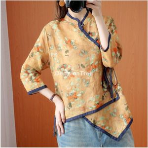 Traditionele Chinese Shirt Katoen Chinese Stijl Tops Retro Folk Thee Kleding Bloemenprint Blouses Vrouwen Dagelijks Chiffon Blouse
