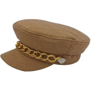 Geel Vrouwen Hoeden Solid Plain Achthoekige Krantenjongenspet Dames Casual Warm Winter Baret Vrouwelijke Caps Met Gouden Ketting Decoratie