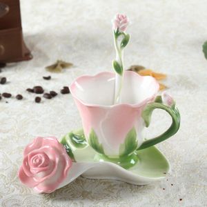 3D Rose Emaille Koffie Mok Thee Melk Cup Set Met Lepel En Schotel Creatieve Keramische Europese Bone China Drinkware Huwelijk