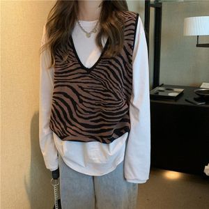 Vest Vrouwen V-hals Mouwloze Gebreide Vriendje Ulzzang Zebra Patroon Populaire Cool Streetwear All-Match Chic Stijlvolle