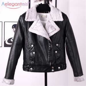 Aelegantmis Herfst Winter Lederen Jas Vrouwen Faux Fur Jas Dames Slanke Korte Motorfiets Biker Jacket Basic Warm Pluche Bovenkleding