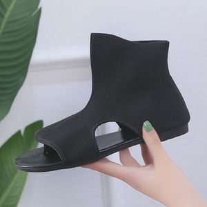 Zomer sandalen vrouwen effen kleur stretch doek hoge helpen vrouwen schoenen platte rubber platform sandalen ademend laarzen