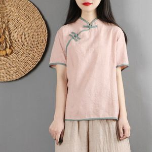 Vrouw Traditionele Chinese Qipao Top Katoen Korte Mouwen Hanfu Fairy Tops Chinese Kant Vintage Tang Pak Overhemd