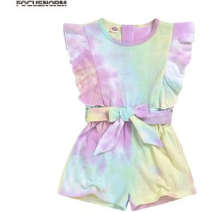 Focusnorm 0-8Y Zomer Kids Meisjes Jumpsuits Tie-Dye Gedrukt Ruches Korte Mouw Rompertjes Outfits