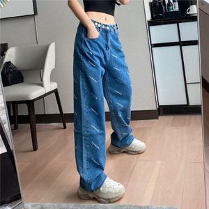 Een Lente/Zomer Slungelig En Slungelig Hoge Waisted Wijde Broek Insta Foto Van Alfabet Print Jeans