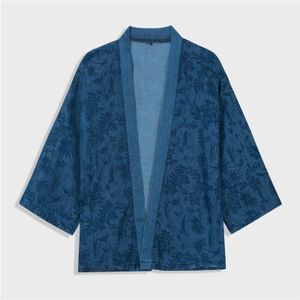 Zomer Mode Mannen Tropische Print Katoen Kimono Vest Chinese Stijl Streetwear Mannen Open Voorzijde Blauw Kimono Tops