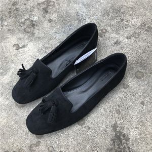 Zwart Suède Platte Schoenen Vrouwen Tassel Fringe Dames Oxfords Vierkante Teen Slip Op Loafers Mocassins Rijden Schoenen Vrouw