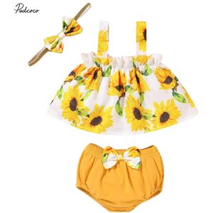 Baby Zomer Kleding 3Pcs Pasgeboren Baby Meisje Bloemen Sling Vest Tops + Shorts Outfits Hoofdband Zonnebloem Kleding