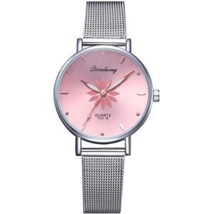 Vrouwen Horloges Luxe Zilveren Populaire Roze Wijzerplaat Bloemen Metalen Dames Armband Quartz Klok Mode Polshorloge Top