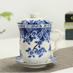 Chinese traditionele kopjes Thee cup met deksel Schotel blauw en wit porselein Theekopje Aardewerk Keramische koffie mok thee set